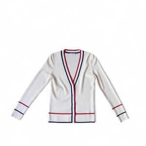 Akris Punto Cream Wool Cardigan with Red & Navy Stripes small